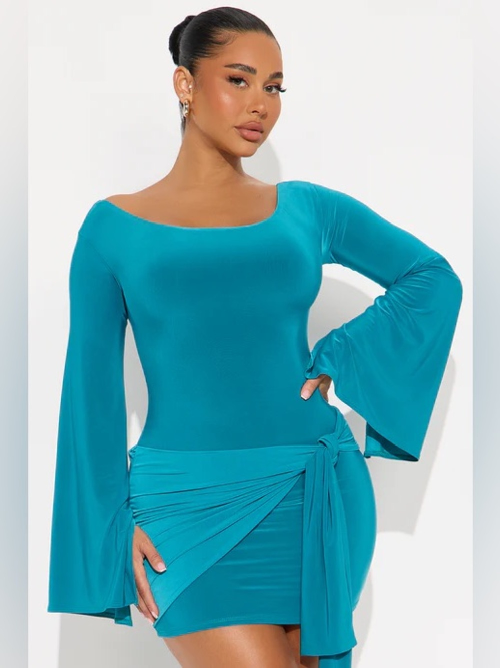Fashion Nova Teal Bodycon Dress with Draped Tie Waist